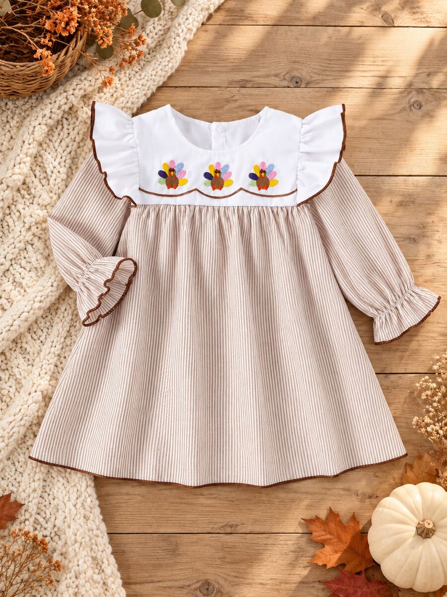 Sweet Vintage Baby Girl Long Sleeve Dress, Turkey Embroidery Ruffle Design Thanksgiving Outfit Dress - Apricot - View 1