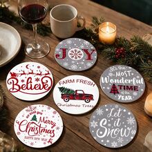 Christmas Minimalist Artistic Text Design Wooden Coaster Set, Round Printed Heat-Insulating Pads, Holiday Table Setting, Winter Atmosphere Desktop Decor, Home Tabletop Decoration, Exquisite Gift Box Holiday Small Gift - Wooden Coaster/LDX325 - View 2