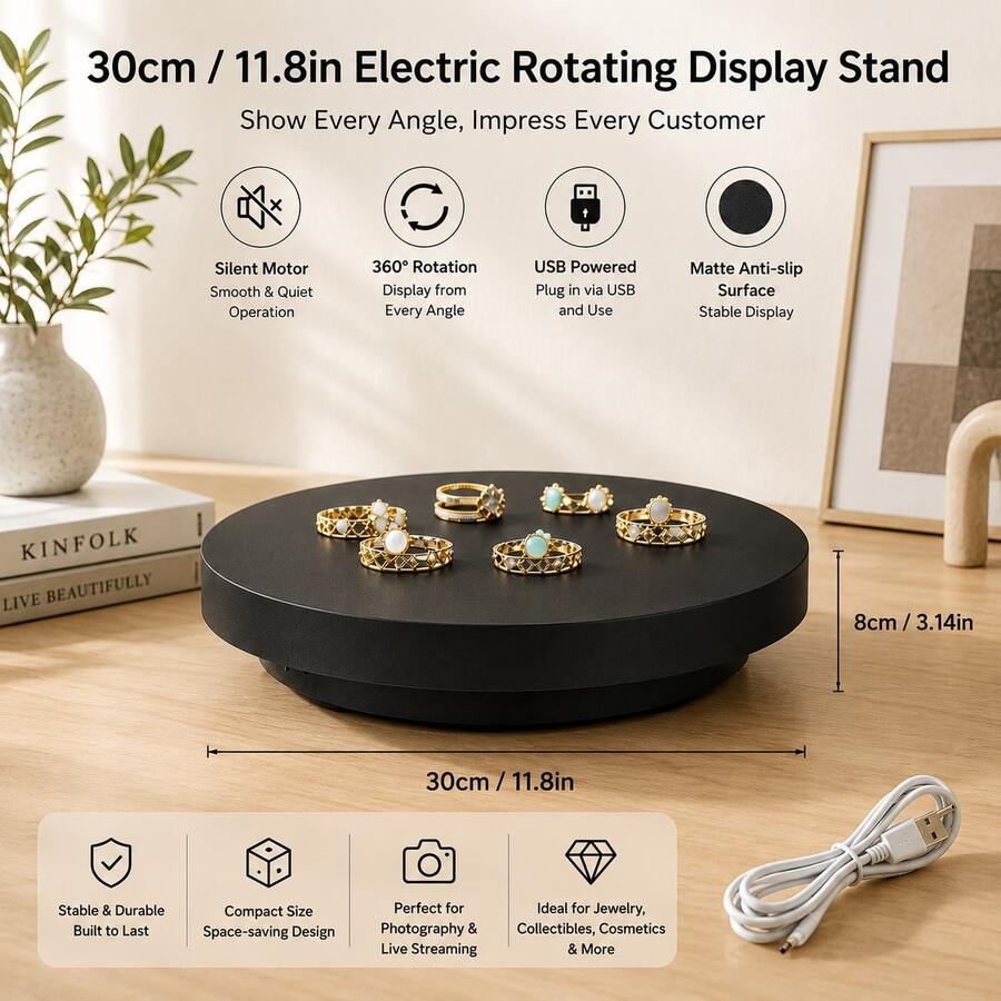 30cm (11.8 Inch) 360° Electric Rotating Display Stand, USB Powered Quiet Motor, Adjustable Forward/Reverse Rotation, Frosted Non-Slip Base, Suitable For Jewelry/Figurines/Crystal Crafts/Product Photography/Live Streaming Display, Includes USB Data Cable - Black - View 1