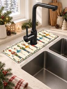 1pc Sink Faucet Water Absorption Mat, Christmas Doll Pattern, Drainage Mat, Suitable For Kitchen, Bathroom Sink, Countertop, Drainage Mat, Diatomaceous Earth Material, Trimmable, Quick Drying Mat - Multicolor - View 3