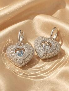 Swarovski 1pair Silver Tone Heart Drop Earrings With Blue & Clear Glass Rhinestone, Geometric Heart Dangle Earrings For Women Party Statement Jewelry - Silver - View 2