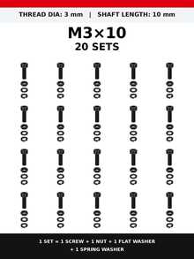 10/20/50 Set Baut Kepala Soket Heksagonal M3/M4 dengan Mur, Ring Pipih & Ring Pegas, Baut Metrik Berulir Penuh Warna Hitam, Berbagai Panjang 6–20mm untuk DIY, Furnitur, Mesin & Perbaikan Rumah - 20 Set - View 18