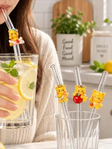 4PCS Reusable Clear Bent Glass Straw With Cute Yellow Bear Ornament, Suitable For Hot & Cold Drinks, Great For Beach Trip, Wedding Party & Holiday Present - View 5