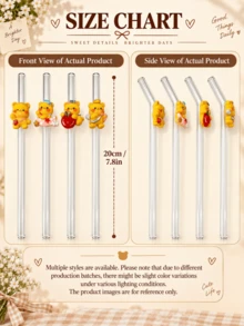 4PCS Reusable Clear Bent Glass Straw With Cute Yellow Bear Ornament, Suitable For Hot & Cold Drinks, Great For Beach Trip, Wedding Party & Holiday Present - View 7