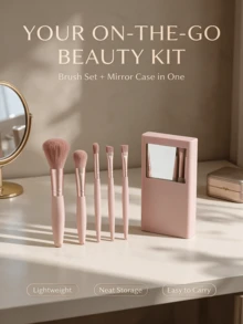 5PCS Rose Gold Soft Fluffy Makeup Brush Set With Portable Mirror, Soft Bristles Skin-Friendly, Includes Multiple Makeup Tools, Easy To Store And Carry, Suitable For Daily Makeup, Also Perfect As Exquisite Gift For Halloween And Christmas - Multicolor - View 3