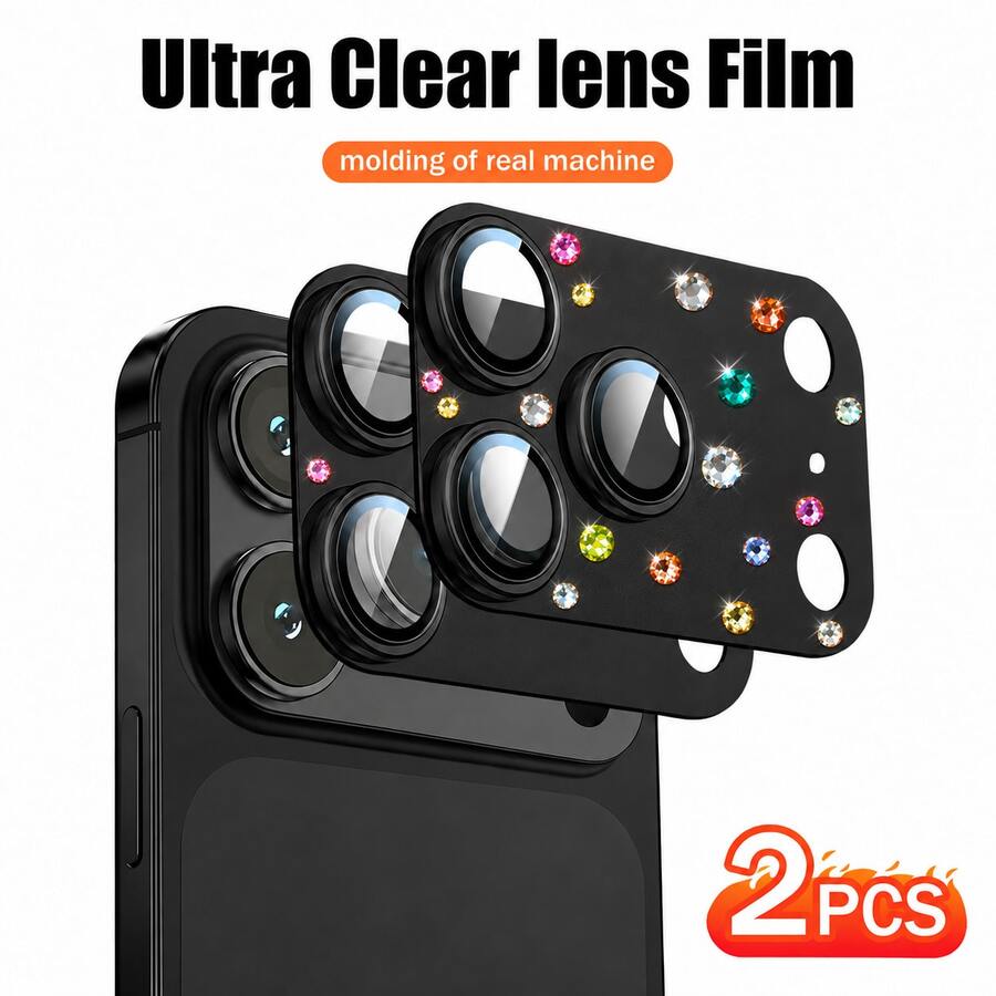 CASECOPS 2Pcs Diamond Encrusted Armor Lens Film Compatible With Iphone 18 Pro Max/18 Pro/17 Pro/17 Pro Max, Shiny Camera Lens Protective Film Set, Metal Lens Protector And 9H Tempered Glass Lens Film, Anti-Scratch, Anti-Fall, Anti-Fingerprint, Phone Accessories, Black - Black - View 1