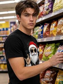 Men's Christmas Graphic T-Shirt, Cool Santa Claus Print Short Sleeve Crew Neck Tee, Casual Holiday Top, Festive Gift For Men - Black - View 5