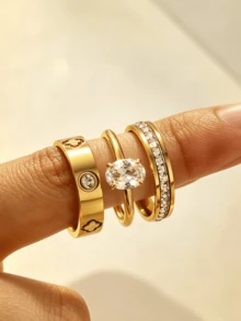 1件 18K鍍金不鏽鋼女款金戒指，鑲嵌立方鋯石，女款飾品，Ins風，不鏽鋼戒指，精緻禮物，優雅戒指，日常配戴，婚禮禮物，鑽戒 - 金色 - 查看 30