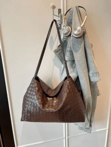 Woven Texture Tote Bag, Dual-Strand Woven Long Shoulder Strap For Shoulder Carry, Large Capacity With Multiple Compartments. Minimalist Premium Commuter Bag, Delicate Three-Dimensional Woven Texture, Can Store Books And Laptop, Versatile Women's Large Shoulder Bag For Daily Work And Travel. - Coffee - View 5