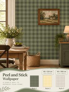 SUPSTICKER 1PC Sage Green, Yellow & Gray Gingham Peel And Stick Wallpaper, Self Adhesive Removable PVC Checkered Decor For Kitchen Bedroom Cabinets - 1PC - View 1