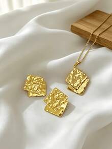 Ins Creamy Korean French Luxury 304 Stainless Steel Jewelry Set Square Textured Floral Star Heart Pendant Necklace & Earrings Minimalist Niche Design Showcasing Personalized Charm Simple Fashion Multi-Occasion Wear Hypoallergenic Fade-Resistant - Gold - View 10