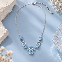European And American Style V-Shaped Blue Rhinestone Necklace, Silver Lightweight Luxury Rhinestone Collarbone Chain, Elegant Versatile Pendant Neck Accessory For Party - Silver - View 5