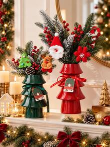 Resin Christmas Tree Vase, Red Green Holiday Flower Vase, Festive Tabletop Centerpiece For Christmas Home Decor, Living Room, Dining Table, Fireplace Mantel, Entryway, Shelf And Xmas Gift - Multicolor - View 7