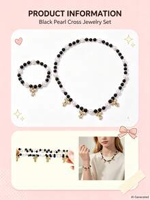 2Pcs Bow Pearl Beaded Necklace & Bracelet Set, For Autumn & Winter Daily Wear, Birthday & Year-End Party Gifts For Girls - Black - View 2