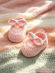 1 Pair Handmade Crochet Infant Booties With Bow, Knit Infant Shoes, Newborn Gift - Baby Pink - View 7