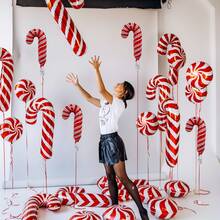 10pcs Mini Red & White Striped Candy Cane Shaped Foil Balloons For Valentine's Day, Christmas Party, Gathering Decoration - View 4