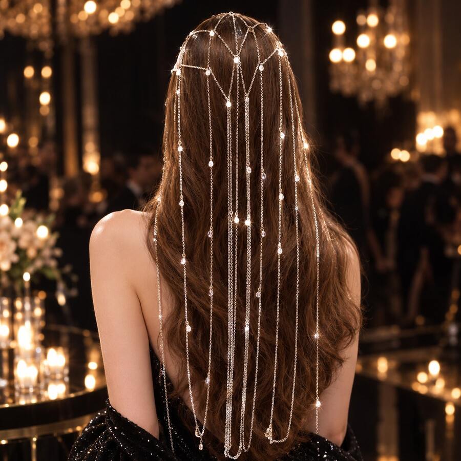 Exquisite Shiny Hollow Mesh Hair Chain Tassel Hair Accessory For Women, Versatile For Party And Banquet - Silver - View 1