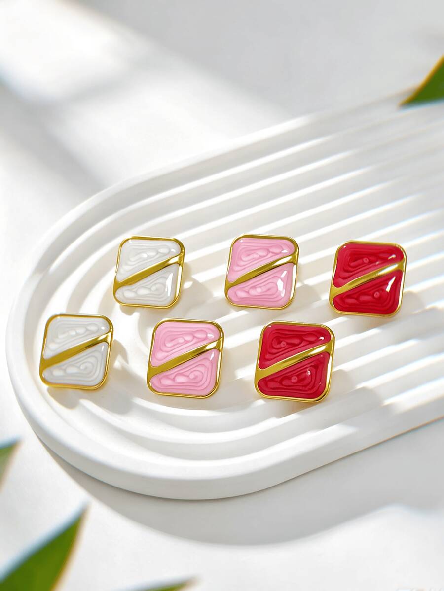 Multi-Color Square Enamel Stud Earrings Set, Stainless Steel Textured Geometric Women's Earrings, Low Sensitivity Fade-Resistant, Fashionable Versatile Eye-Catching - Multicolor - View 1