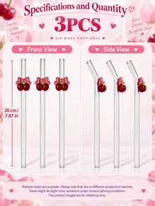 3PCS Reusable Clear Bent Glass Straw With Red Cherry & Plaid Bow Ornament, For Hot & Cold Beverages, Great For Outdoor Picnic, Holiday Gathering, Wedding Party & Present - Clear - View 12