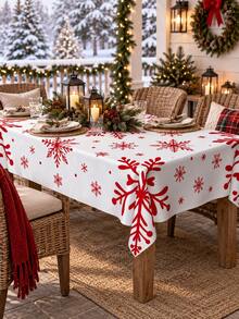 1pc Red White Christmas Snowflake Polyester Tablecloth, Minimalist Holiday Table Cover For Round & Square Dining Tables, Xmas Party Winter Home Decor - Multicolor - View 6
