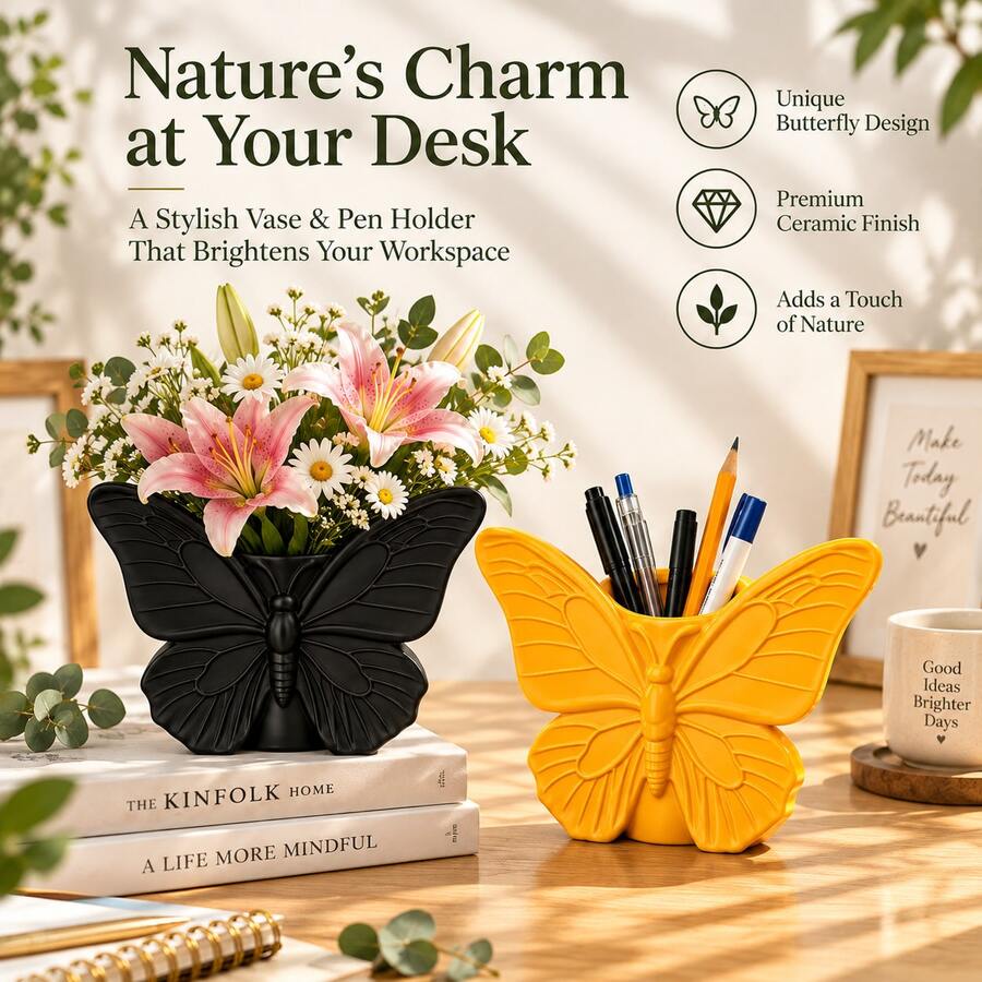 3D Printed Butterfly Shaped Desktop Ornament, 3-In-1 Pen Holder & Small Vase With Embossed Butterfly Pattern, Beautiful Desk Decor, Perfect Gift For BFF & School Friends - Butterfly - View 1