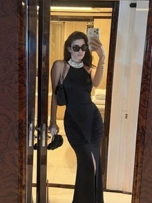 Women's Elegant Formal Sequin Decorated Slit Dress For Wedding Guest, Anniversary, Stage, Concert, Formal Dinner, Party, Date - Black - View 5