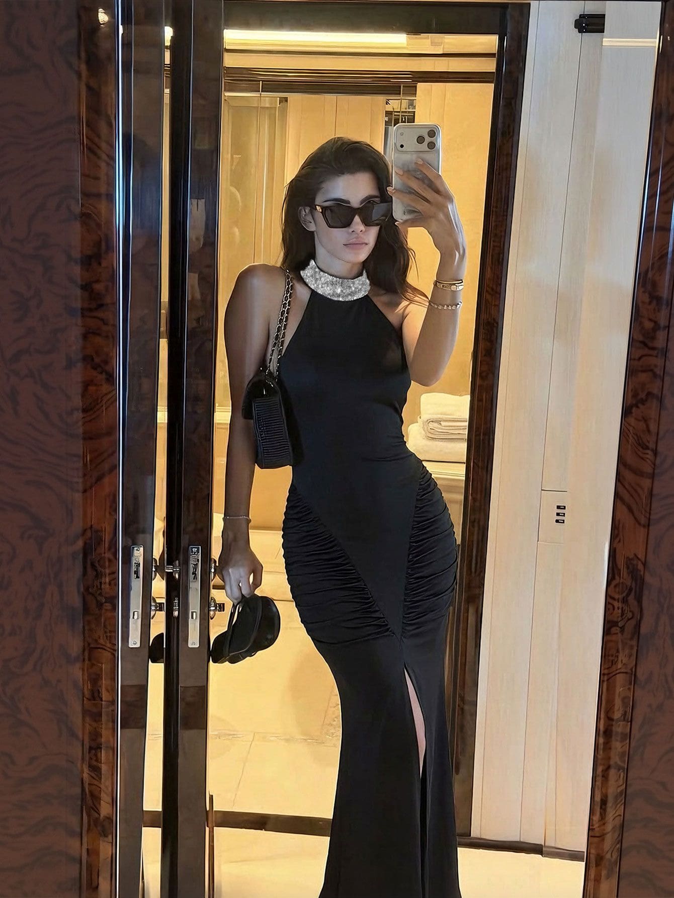 Women's Elegant Formal Sequin Decorated Slit Dress For Wedding Guest, Anniversary, Stage, Concert, Formal Dinner, Party, Date - Black - View 1