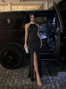 Women's Elegant Formal Sequin Decorated Slit Dress For Wedding Guest, Anniversary, Stage, Concert, Formal Dinner, Party, Date - Black - View 3