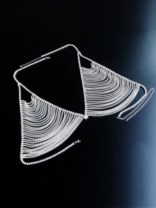 1pc Summer Bling Tassel Rhinestone Bra, Nightclub Beach Party Fashion Bikini, Crystal Chest Chain - Silver - View 4