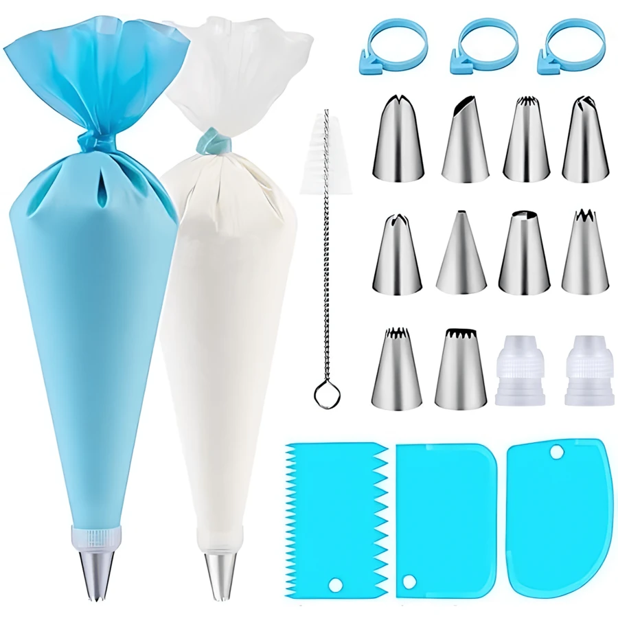 40pcs Cake Decorating Set, Includes 10 Piping Tips, 2 Couplers, 3 Silicone Bands, 3 Icing Scrapers, 1 Cleaning Brush, 1 Reusable Piping Bag, 20 Disposable Icing Bags, Cake, Cupcake, Baking Pan Decorations, Baking Tools - Decorating Tools - View 1