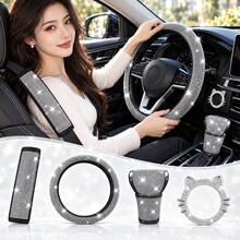 4pcs Sparkling Rhinestone Car Interior Accessories Set For Women, Cat Ear Start Button Ring, No Inner Ring Steering Wheel Cover, Gear Shift Cover And Seat Belt Shoulder Pad - Driver's Seat Set - View 7