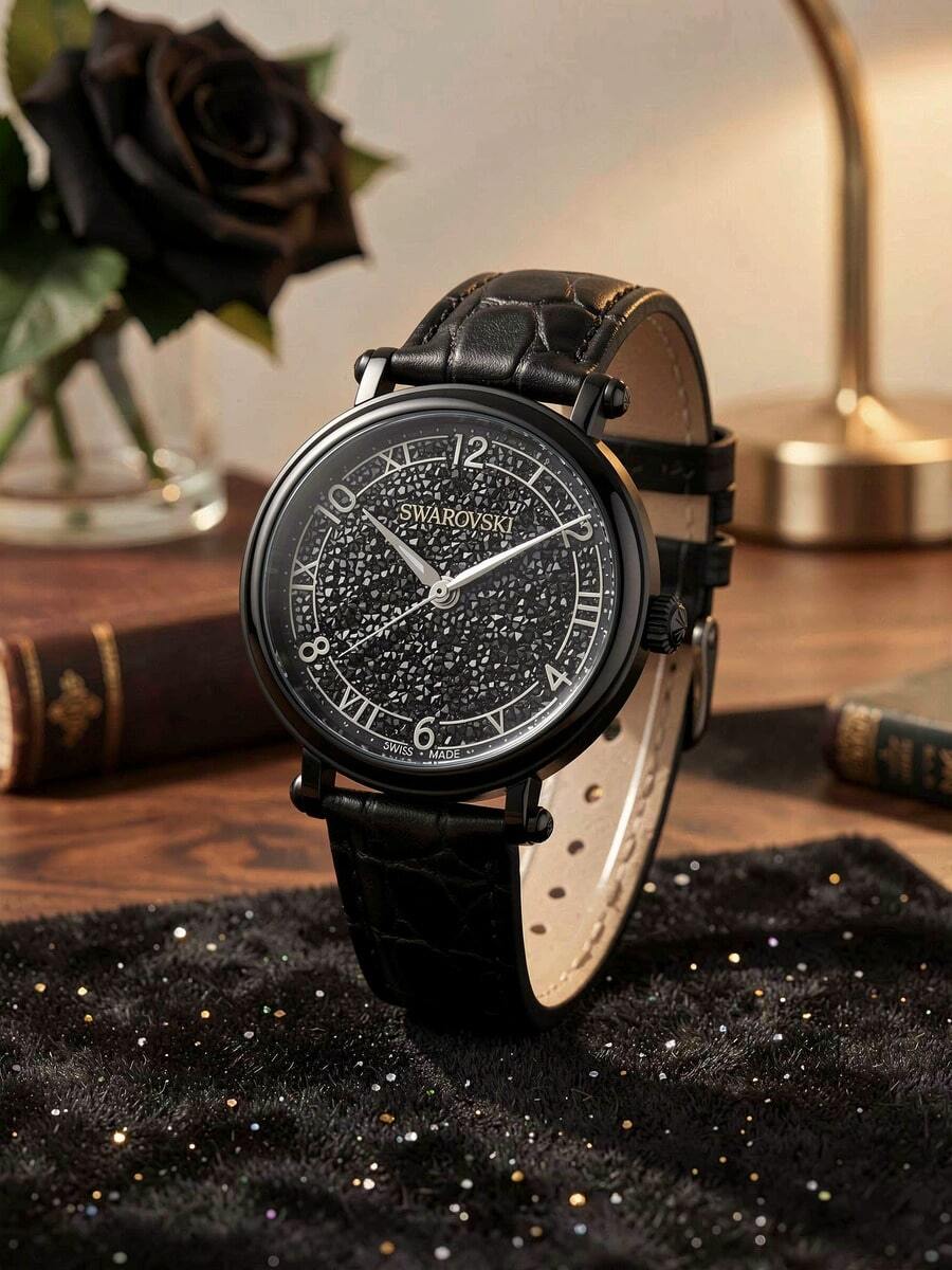 Swarovski 1pc Black Tone Round Quartz Wrist Watch With Glass Rhinestone Dial, PU Leather Strap Vintage Women Watch For Daily Party - Black - View 1