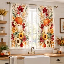 2pcs Three-Color Pumpkin & Floral Pattern Semi-Sheer Bedroom Curtains, 90GSM Polyester Semi-Transparent Privacy Protection, Mori Style Living Room Curtains, Kitchen Curtains, Suitable For Home, Room, Kitchen Partition Or Decoration, Rod Pocket Design Easy Installation, Quick Dry Water-Resistant Non-Fading, Lightweight Removable Washable Curtains - Multicolor - View 5