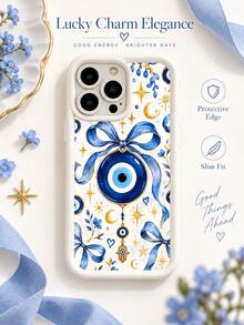 1pc Bohemian Blue Ribbon Evil Eye Moon Star Phone Case, Watercolor Bow Hamsa Hand Floral Cream Frame Full Coverage Shockproof Soft Protective Shell Compatible With IPhone 18 17 16 15 14 13 12 11/Pro/ProMax/X/XR/XS/XSMAX/7/8/PLUS /Honor - Beige - View 3