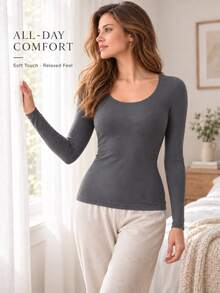 Women's Ultra-Thin Warm Thermal Base Layer Top, Long Sleeve Round Neck High Elastic Slim Fit Undershirt, Autumn/Winter - Grey - View 6