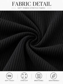 Jumpsuit Rajut Bergaris Lengan Panjang Kerah Tinggi untuk Wanita, Detail Resleting, Jumpsuit Panjang Slim Fit dengan Elastisitas Sedang, Pakaian Wajib Musim Gugur - Hitam - View 8