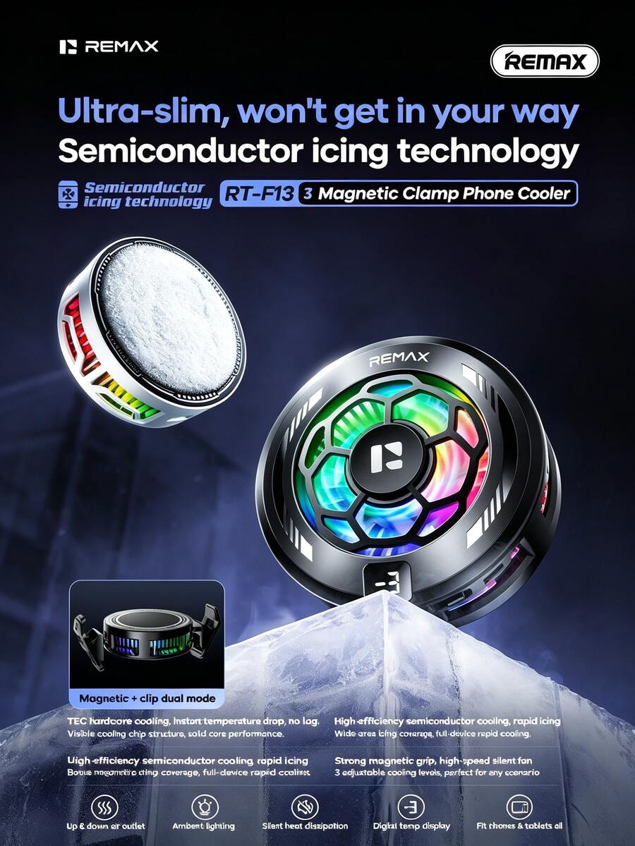 REMAX RT-F13 Magnetic Phone Cooler, Magnetic Back Clip Dual Mode, 3-Level Adjustment, Strong Magnetic Suction, Semiconductor Cooling, Temperature Control Digital Display, Compatible With Apple, Samsung, Xiaomi, And Other Phones - View 1