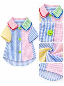 Olor Block Plaid Pet Shirt, Suitable For Small Cats And Dogs, Ruffle Peter Pan Collar Short Sleeve Button Front Puppy Kitten Outfit, Lightweight Pet Set - New Style - Multicolor - View 8