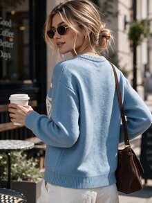 2026 Retro French Butterfly Jacquard Knit Pullover, Light Blue Crew Neck Long Sleeve Loose Sweater, Casual Women Fall Top - Sky Blue - View 2