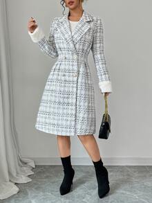 Women's Winter Tweed Mid-Length Coat, Faux Fur Cuffs, Double-Breasted Long Sleeve Woven Fabric - Black and White - View 5