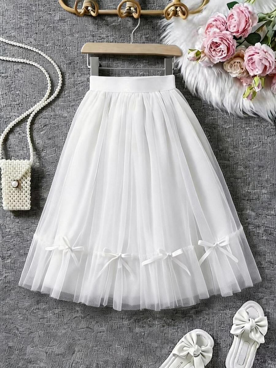 White Ballet Girl Mid-Length Summer Tulle Skirt With Bow Decor And Fluffy Mesh Layers, Suitable For Parties, Performances And Casual Outings - White - View 1