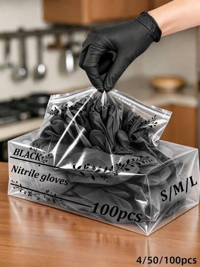 4/50/100 chiếc găng tay nitrile dùng một lần màu đen, phù hợp cho vệ sinh và dọn dẹp tại nhà, có thể tái sử dụng, không bột, không latex, sản phẩm dọn dẹp mềm mại và thoải mái, làm từ chất liệu nitrile chất lượng cao, phù hợp cho gia đình và nhân viên dọn dẹp chuyên nghiệp (đóng túi)