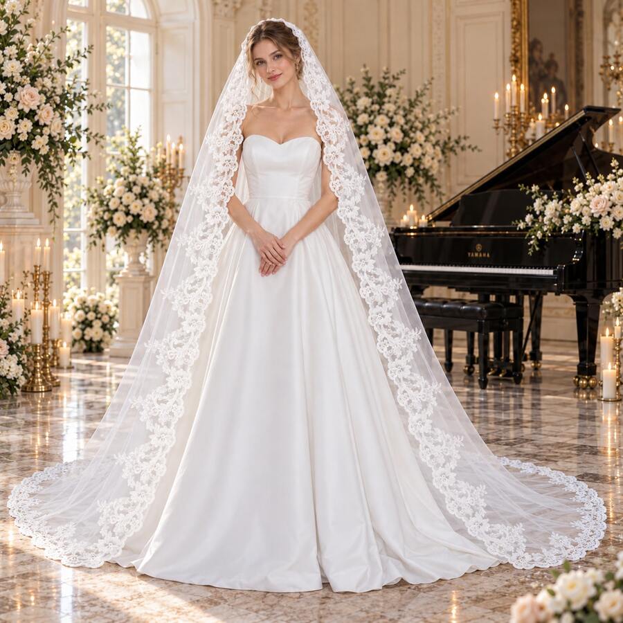 1pc Elegant Vintage Lace Bridal Veil With Metal Comb, Perfect For Vienna Cathedral & Church Weddings - Milky - View 1