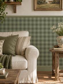 SUPSTICKER 1PC Sage Green, Yellow & Gray Gingham Peel And Stick Wallpaper, Self Adhesive Removable PVC Checkered Decor For Kitchen Bedroom Cabinets - 1PC - View 5