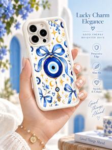 1pc Bohemian Blue Ribbon Evil Eye Moon Star Phone Case, Watercolor Bow Hamsa Hand Floral Cream Frame Full Coverage Shockproof Soft Protective Shell Compatible With IPhone 18 17 16 15 14 13 12 11/Pro/ProMax/X/XR/XS/XSMAX/7/8/PLUS /Honor - Beige - View 6