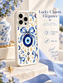 1pc Bohemian Blue Ribbon Evil Eye Moon Star Phone Case, Watercolor Bow Hamsa Hand Floral Cream Frame Full Coverage Shockproof Soft Protective Shell Compatible With IPhone 18 17 16 15 14 13 12 11/Pro/ProMax/X/XR/XS/XSMAX/7/8/PLUS /Honor - Beige - View 4
