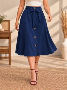 Falda Curvy Midi Azul Marino de Cintura Alta con Cinturón Ajustable, Bolsillos y Botones Frontales para Mujer - Azul Marino - Ver 4
