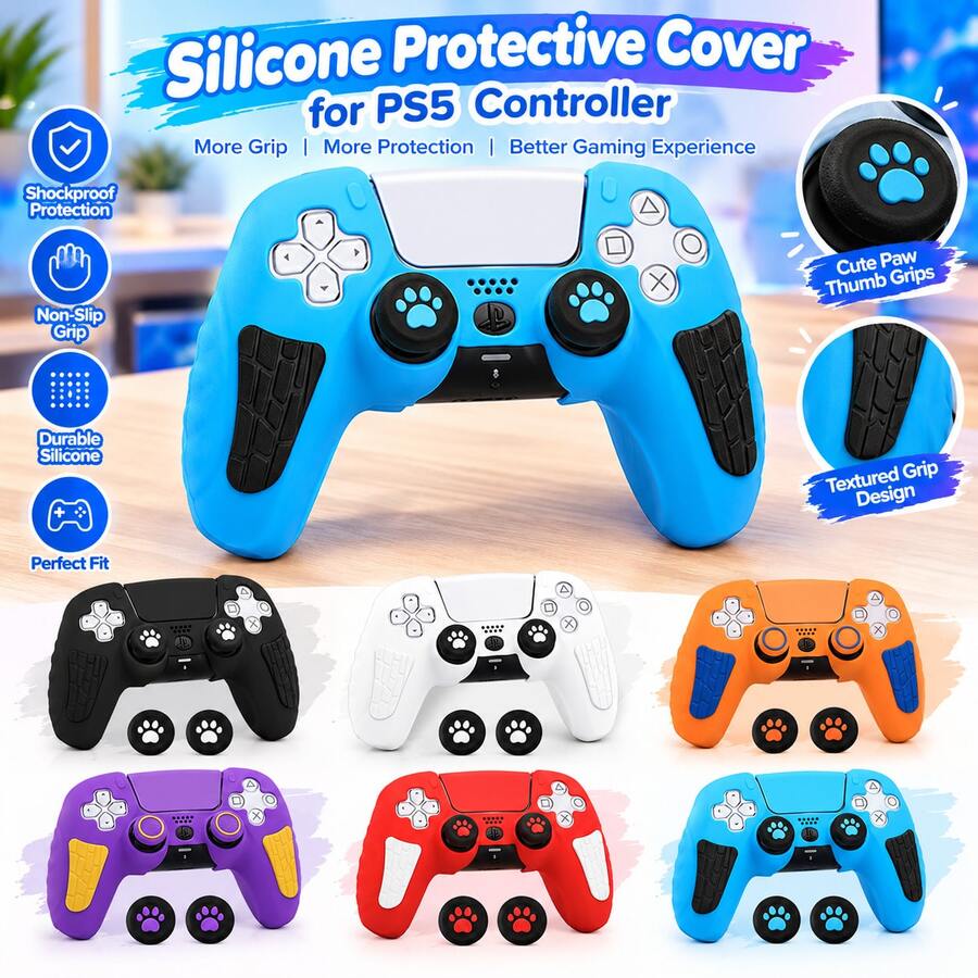 P5 Silicone Game Controller Protective Case, Anti-Drop Anti-Scratch Controller Cover With Stickers And Joystick Caps - View 1