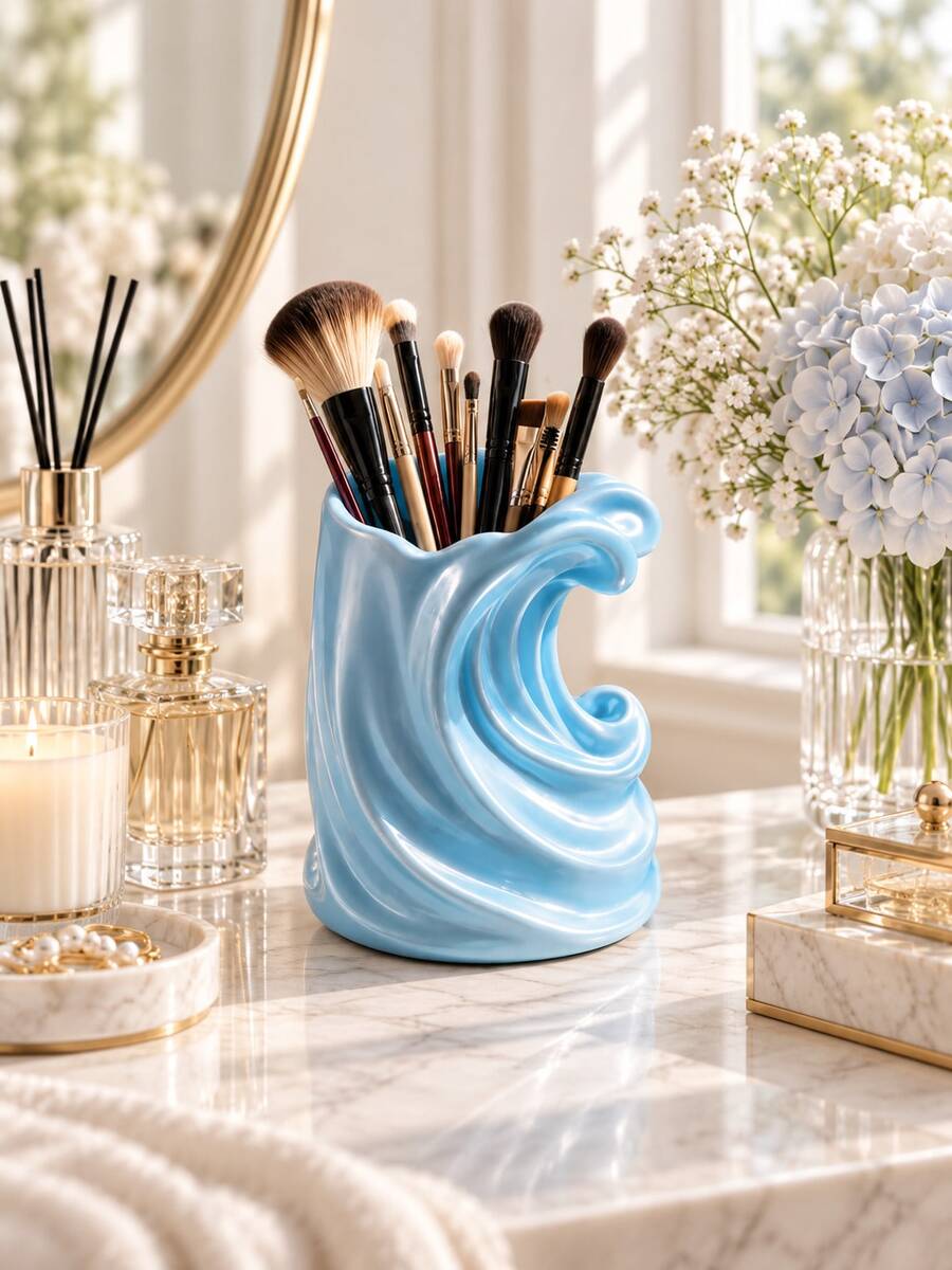 1pc Light Blue Wavy Makeup Brush Holder, Multifunctional Toothbrush & Toothpaste Rack, Fashion Bathroom Countertop Storage Cup, Suitable For Vanity, Bedroom And Home Decor, Bathroom Accessories, Toothbrush Holder, Brush Holder, Makeup Storage Rack - Multicolor - View 1