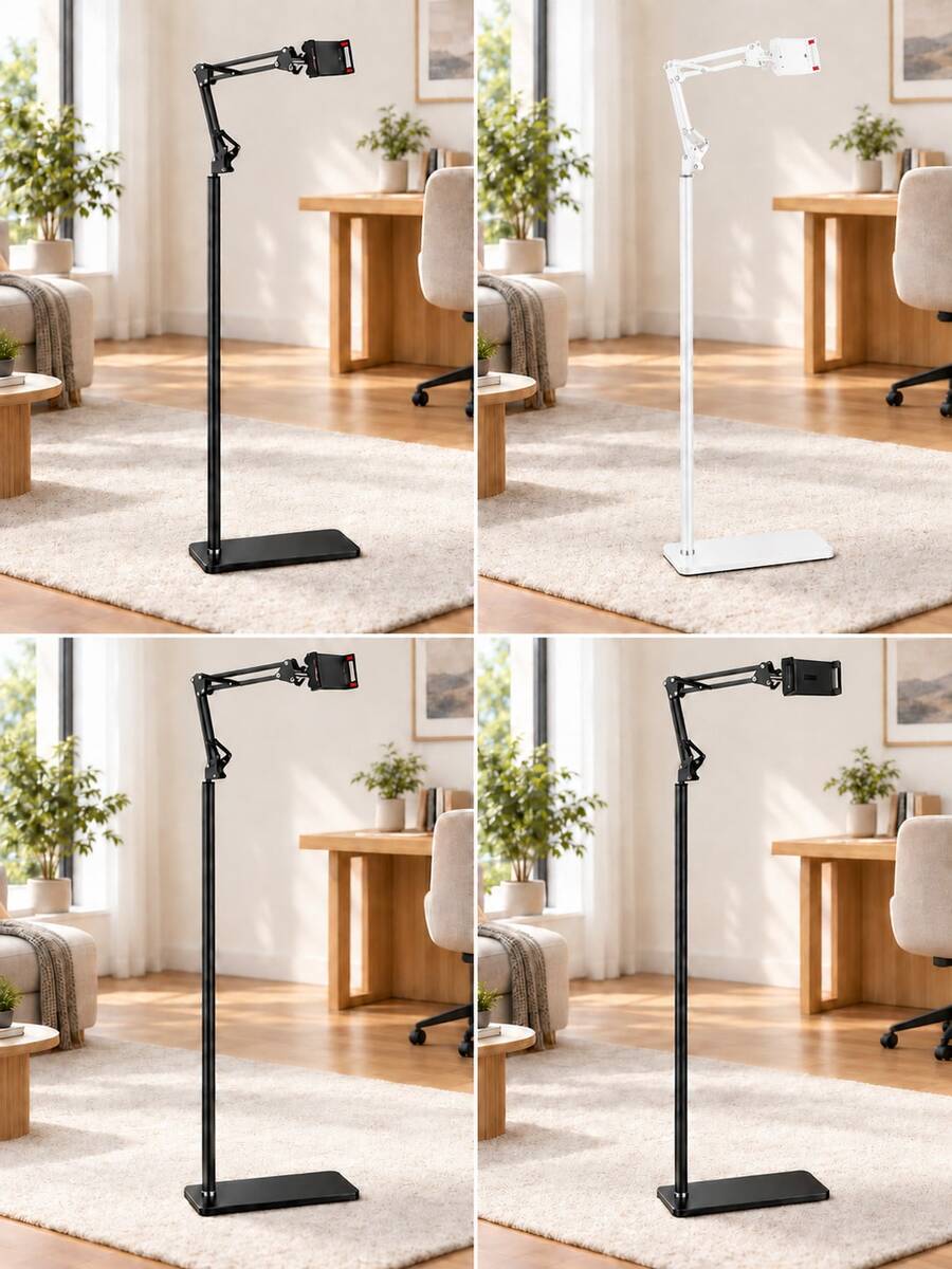Tablet And Phone Floor Stand, Adjustable Height 360° Rotating Bracket, Flexible Spring Arm Overhead Stand, Wide Metal Base, Universal 4.7-12.9 Inch Tablet And Smartphone Holder, Suitable For Bed, Sofa, Kitchen, Hands-Free Viewing, Reading, Video Calls, Live Streaming